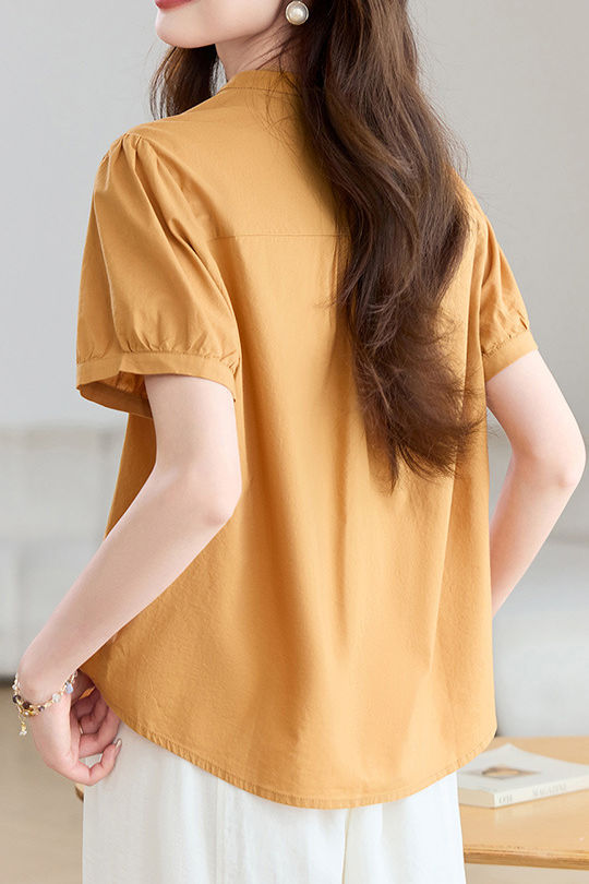 Casual Stand Collar Cotton Ruched Puff Sleeve Shirt - liwisi