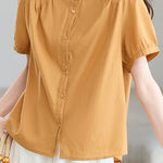 Casual Stand Collar Cotton Ruched Puff Sleeve Shirt - liwisi