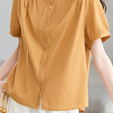 Casual Stand Collar Cotton Ruched Puff Sleeve Shirt - liwisi