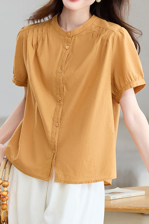 Casual Stand Collar Cotton Ruched Puff Sleeve Shirt - liwisi