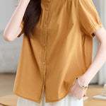 Casual Stand Collar Cotton Ruched Puff Sleeve Shirt - liwisi