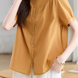 Casual Stand Collar Cotton Ruched Puff Sleeve Shirt - liwisi
