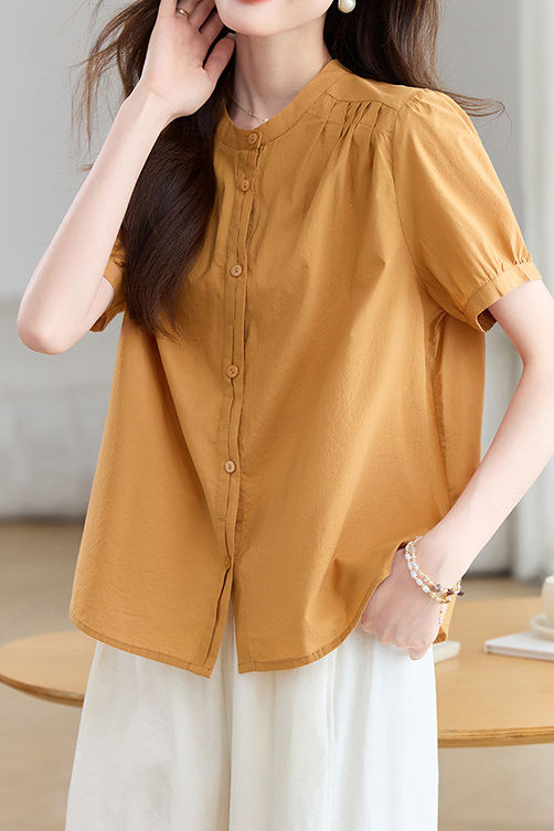 Casual Stand Collar Cotton Ruched Puff Sleeve Shirt - liwisi