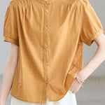 Casual Stand Collar Cotton Ruched Puff Sleeve Shirt - liwisi