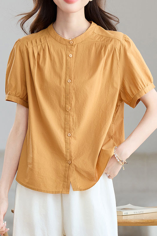 Casual Stand Collar Cotton Ruched Puff Sleeve Shirt - liwisi