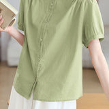 Casual Stand Collar Cotton Ruched Puff Sleeve Shirt - liwisi