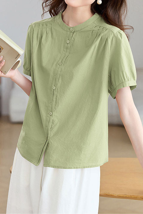 Casual Stand Collar Cotton Ruched Puff Sleeve Shirt - liwisi