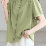 Casual Stand Collar Cotton Ruched Puff Sleeve Shirt - liwisi