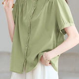 Casual Stand Collar Cotton Ruched Puff Sleeve Shirt - liwisi