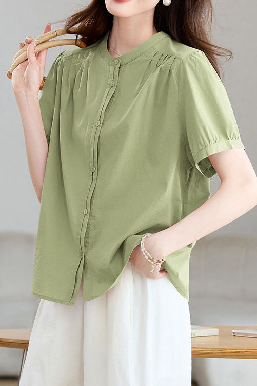 Casual Stand Collar Cotton Ruched Puff Sleeve Shirt - liwisi