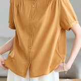 Casual Stand Collar Cotton Ruched Puff Sleeve Shirt - liwisi