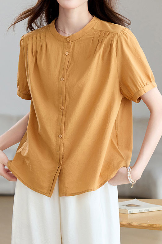 Casual Stand Collar Cotton Ruched Puff Sleeve Shirt - liwisi