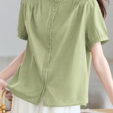 Casual Stand Collar Cotton Ruched Puff Sleeve Shirt - liwisi