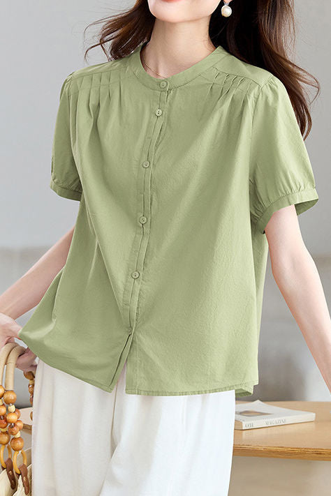 Casual Stand Collar Cotton Ruched Puff Sleeve Shirt - liwisi