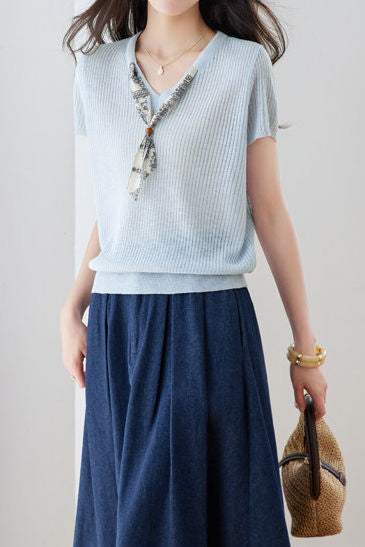 Casual Scarf Vertical Ribbed V-Neck Knit Sweater - liwisi