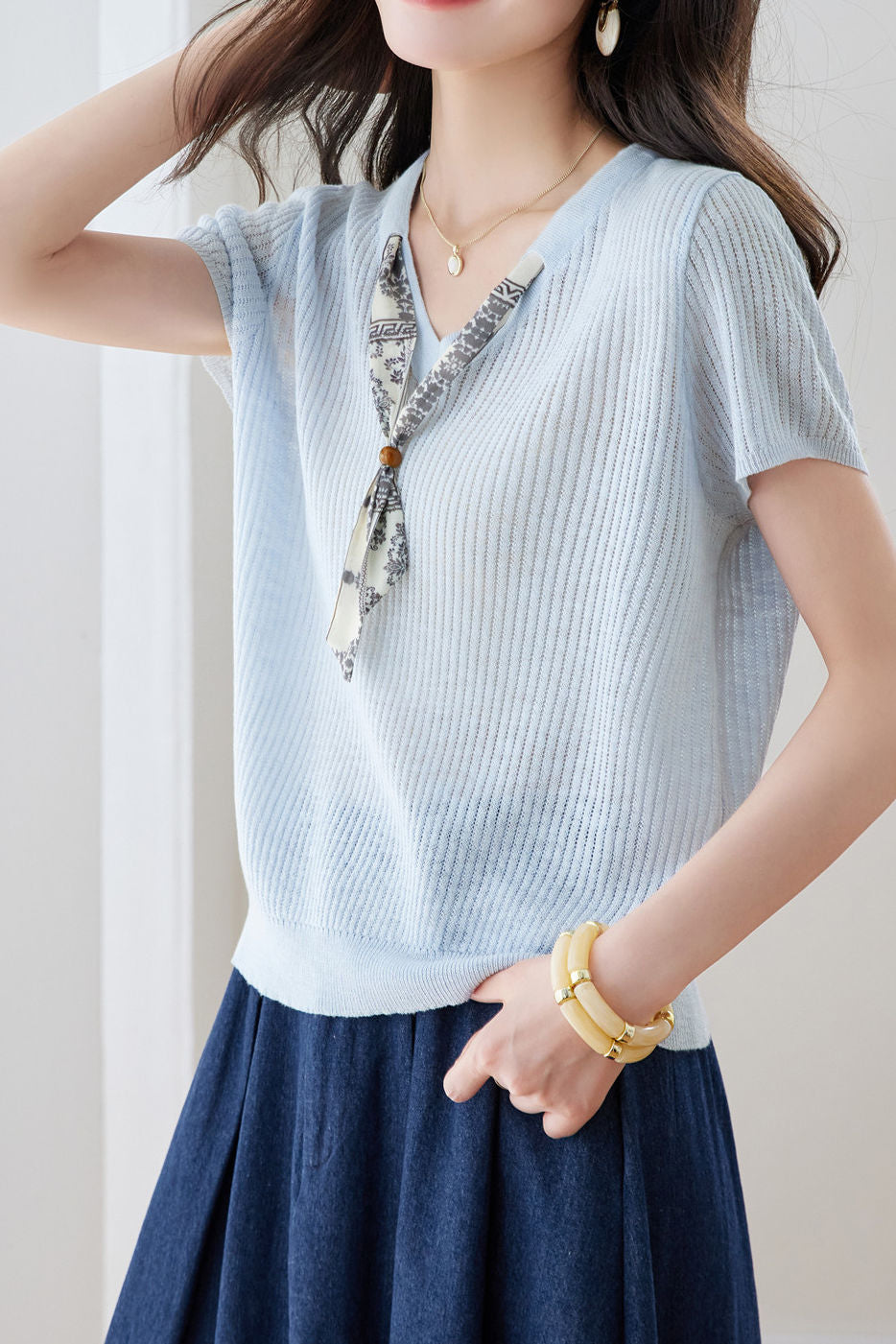 Casual Scarf Vertical Ribbed V-Neck Knit Sweater - liwisi