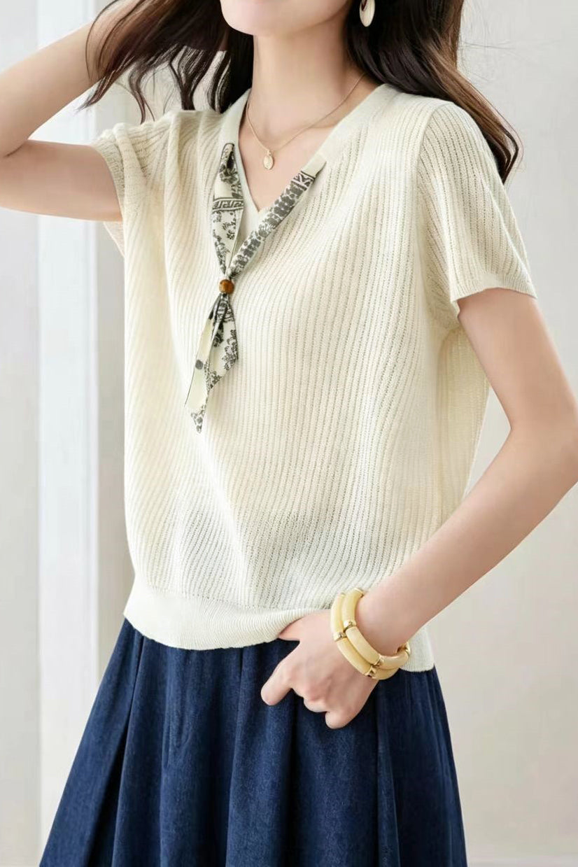 Casual Scarf Vertical Ribbed V-Neck Knit Sweater - liwisi