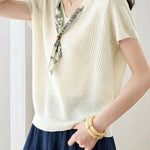 Casual Scarf Vertical Ribbed V-Neck Knit Sweater - liwisi