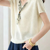 Casual Scarf Vertical Ribbed V-Neck Knit Sweater - liwisi
