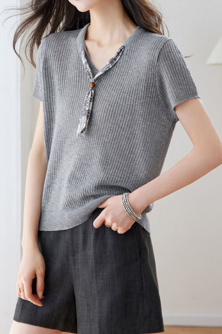 Casual Scarf Vertical Ribbed V-Neck Knit Sweater - liwisi