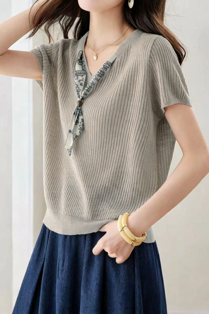 Casual Scarf Vertical Ribbed V-Neck Knit Sweater - liwisi