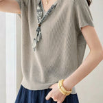 Casual Scarf Vertical Ribbed V-Neck Knit Sweater - liwisi