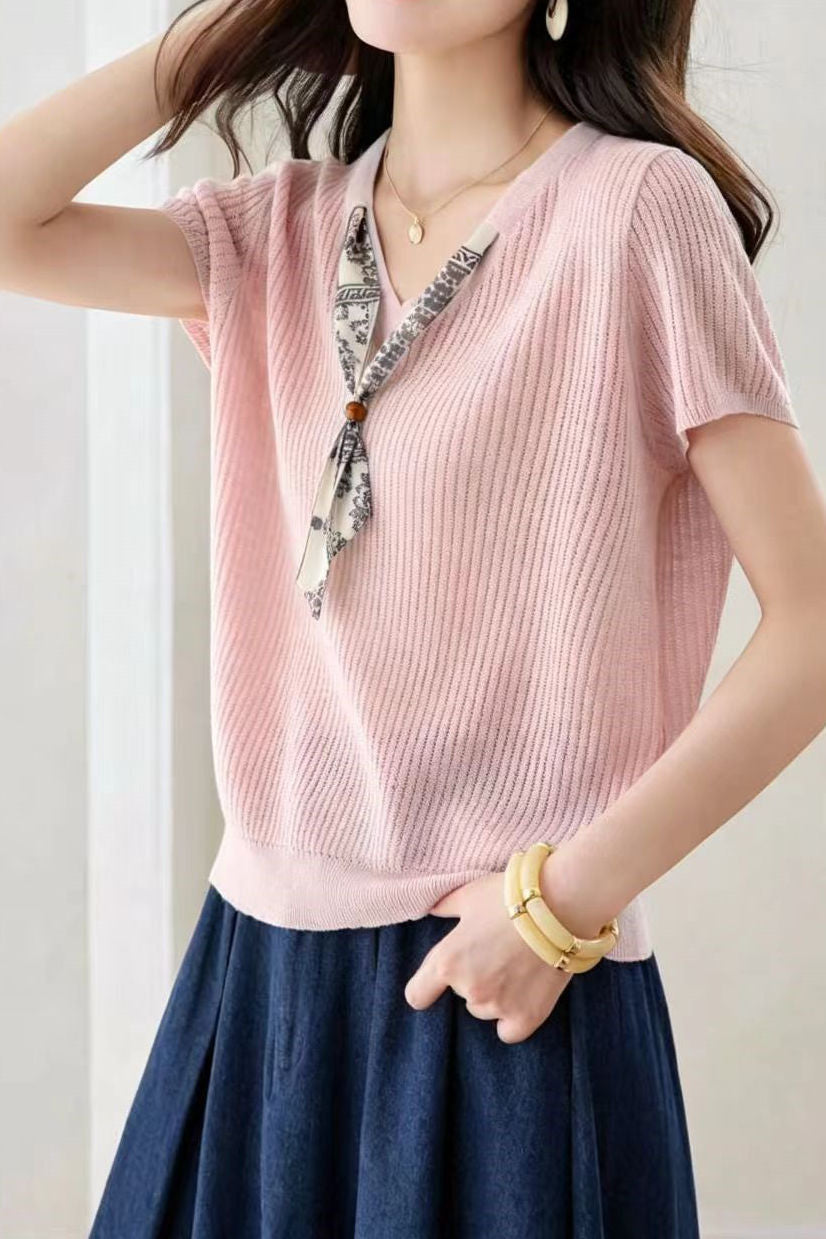Casual Scarf Vertical Ribbed V-Neck Knit Sweater - liwisi