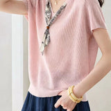 Casual Scarf Vertical Ribbed V-Neck Knit Sweater - liwisi