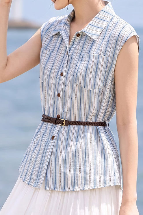 Casual Vertical Striped Pocket Sleeveless Shirt - liwisi