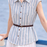 Casual Vertical Striped Pocket Sleeveless Shirt - liwisi