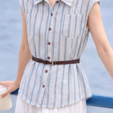 Casual Vertical Striped Pocket Sleeveless Shirt - liwisi