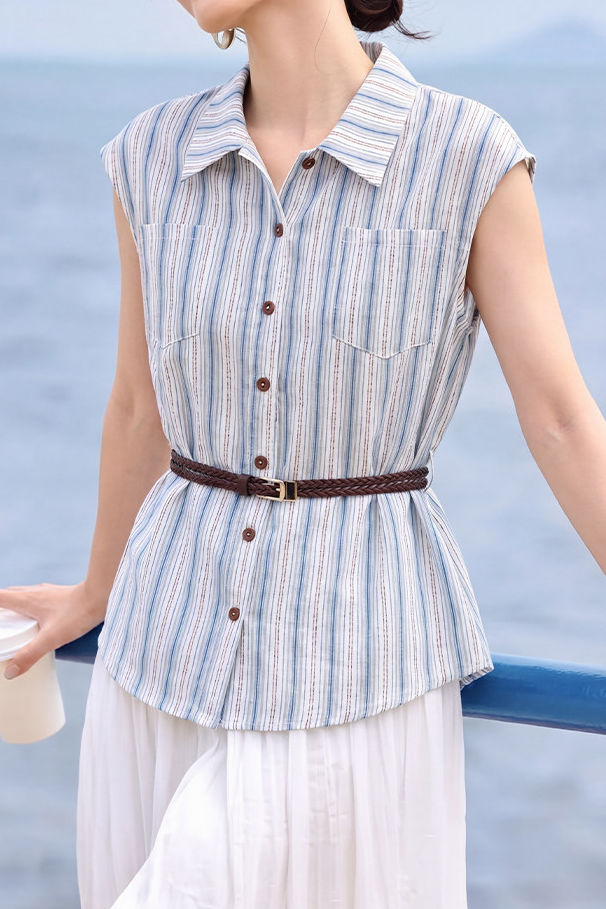 Casual Vertical Striped Pocket Sleeveless Shirt - liwisi