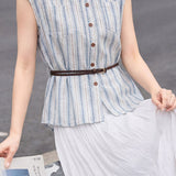 Casual Vertical Striped Pocket Sleeveless Shirt - liwisi