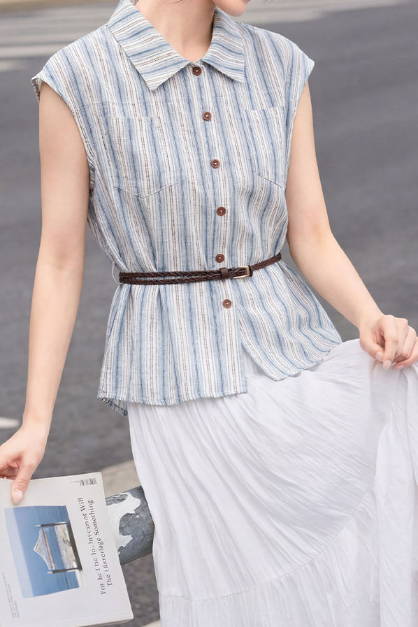Casual Vertical Striped Pocket Sleeveless Shirt - liwisi