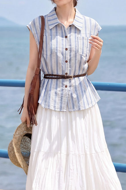 Casual Vertical Striped Pocket Sleeveless Shirt - liwisi