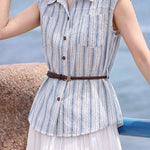 Casual Vertical Striped Pocket Sleeveless Shirt - liwisi