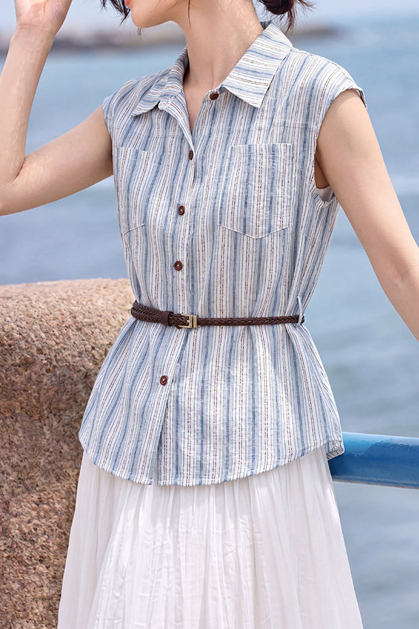 Casual Vertical Striped Pocket Sleeveless Shirt - liwisi