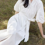 Casual Half Placket Tie Waist Lantern Sleeve Dress - liwisi