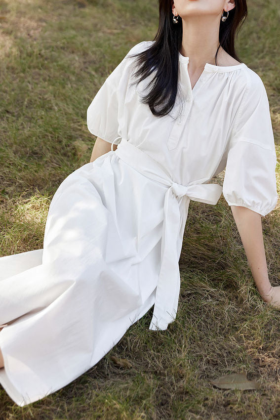 Casual Half Placket Tie Waist Lantern Sleeve Dress - liwisi