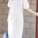 Casual Half Placket Tie Waist Lantern Sleeve Dress - liwisi