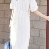 Casual Half Placket Tie Waist Lantern Sleeve Dress - liwisi