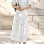 Casual Half Placket Tie Waist Lantern Sleeve Dress - liwisi