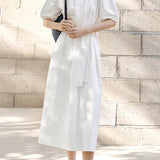 Casual Half Placket Tie Waist Lantern Sleeve Dress - liwisi