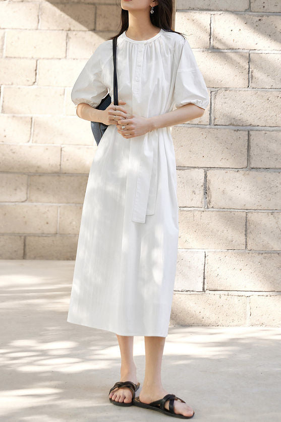 Casual Half Placket Tie Waist Lantern Sleeve Dress - liwisi