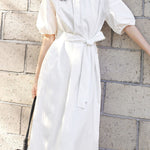 Casual Half Placket Tie Waist Lantern Sleeve Dress - liwisi