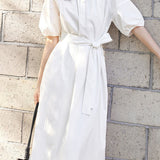Casual Half Placket Tie Waist Lantern Sleeve Dress - liwisi
