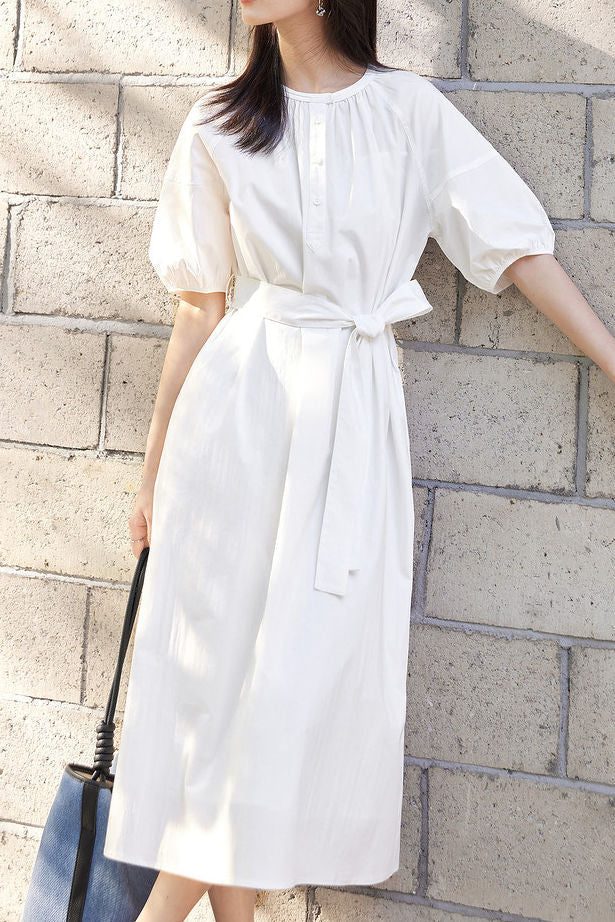 Casual Half Placket Tie Waist Lantern Sleeve Dress - liwisi