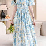 Fresh Vacation Blue White Gradient Floral Dress - liwisi