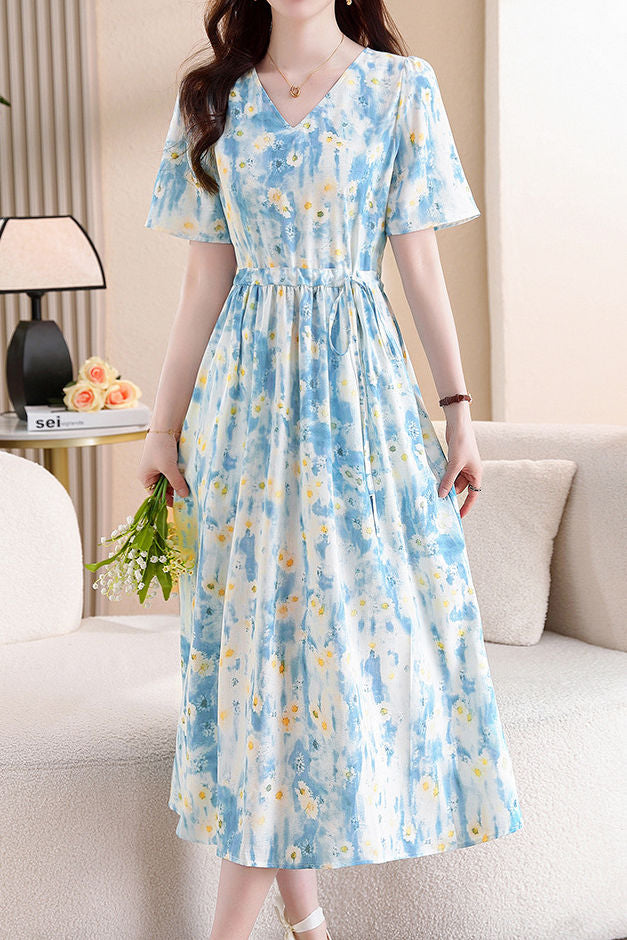Fresh Vacation Blue White Gradient Floral Dress - liwisi