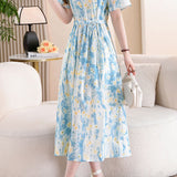 Fresh Vacation Blue White Gradient Floral Dress - liwisi
